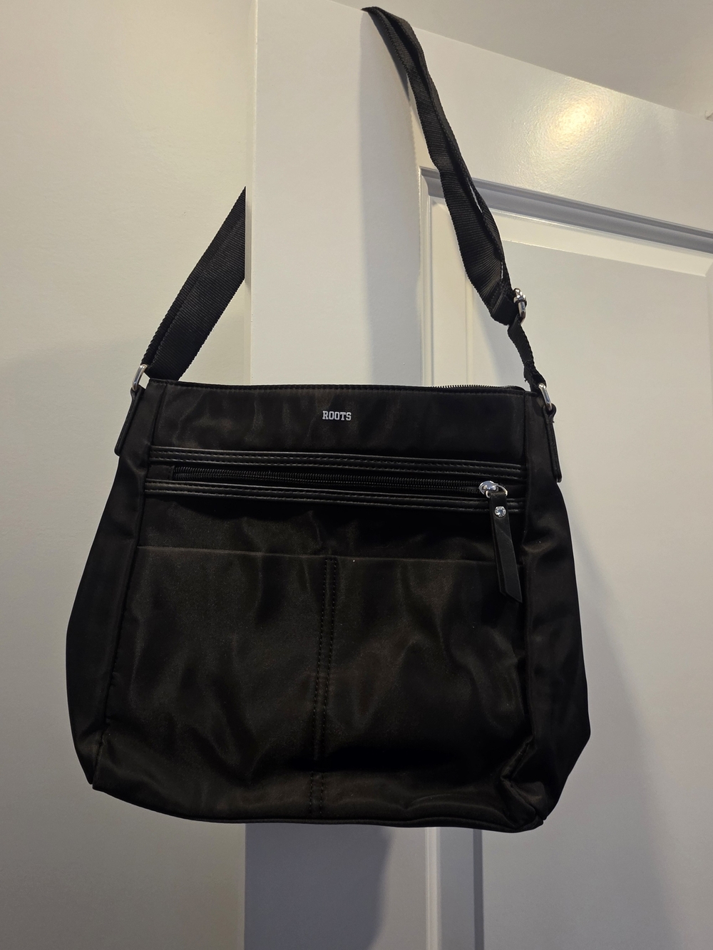 Roots Black Nylon Crossbody Bag with Silver Hardware